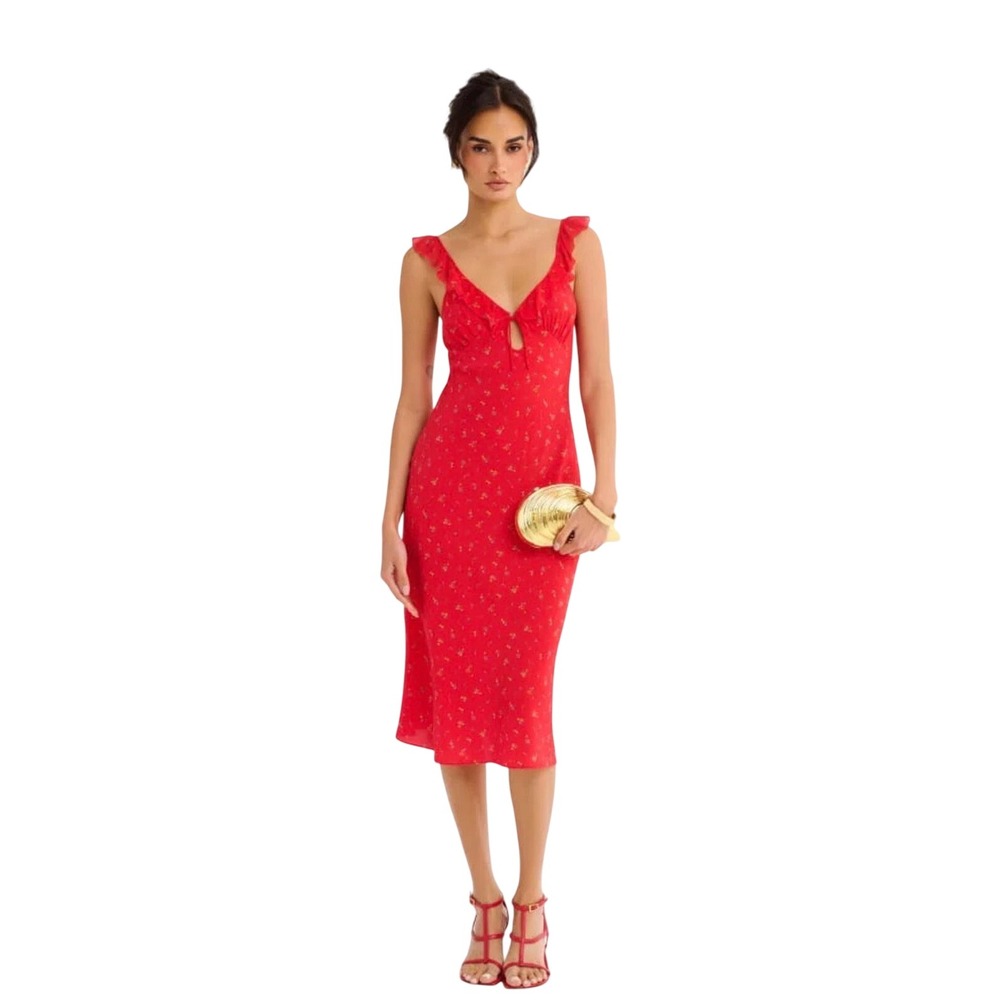 Rumored Butterfly Midi Dress Coral Meadow Red Floral Ruffle XL NWT